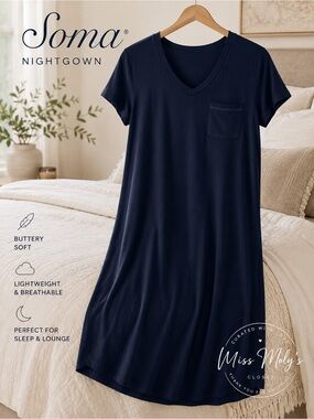 Soma Navy Nightgown Soft Stretch Sleep Shirt Lounge Dress M